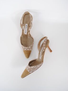 Manolo Blahnik Tan Tweed Slingback Pointed-Toe Heels